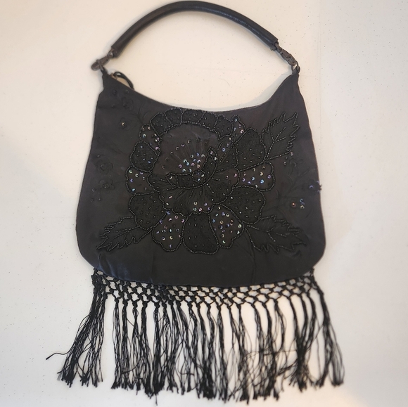 Y2K Vintage Black Beaded Fringe Sequin Evening Bag Mini Purse Party Flapper - Picture 10 of 11